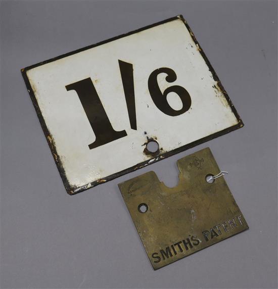 An enamel tin sign and a Smiths Patent bronze plaque